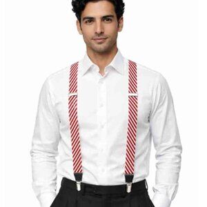 Gillmons Red White Repp Stripe Elastic + Leather Suspenders Braces One Size